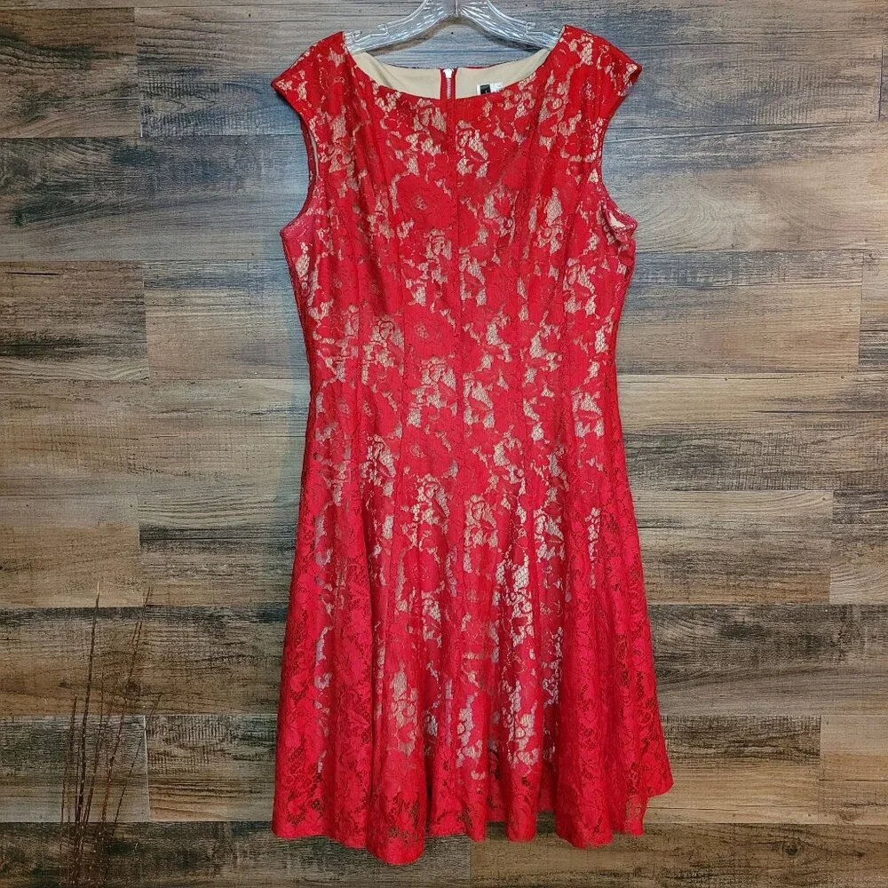 Julian Taylor New York Fit & Flare Dress Size 14 Floral Lace Cap Sleeve Coquette - Picture 1 of 8